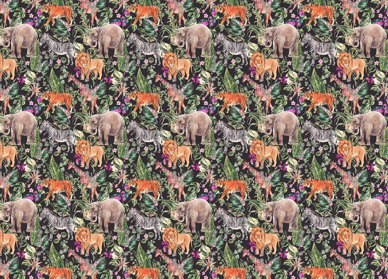 Watercolor Jungle Safari Animals Floral Wallpaper For Walls