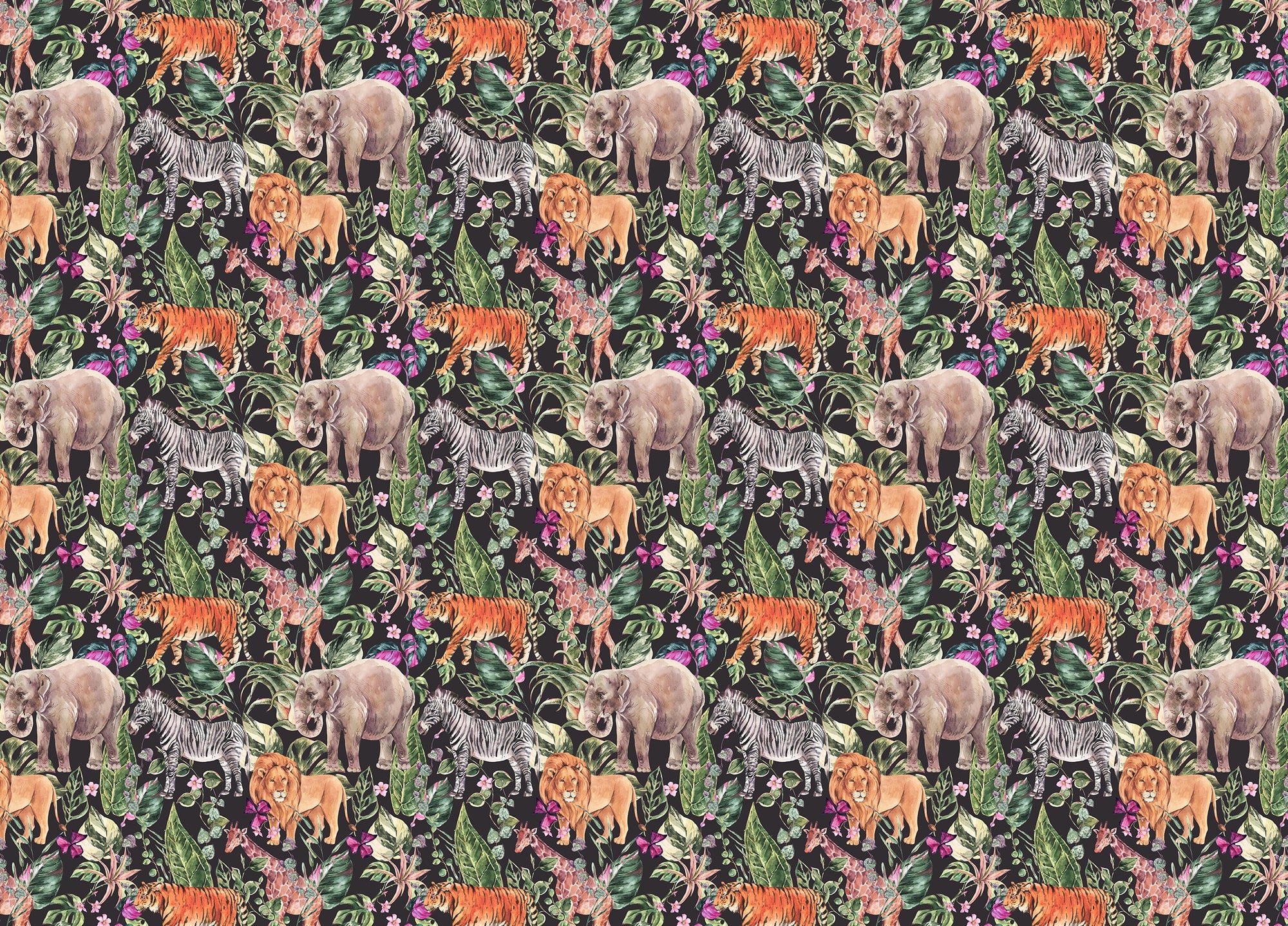 Watercolor Jungle Safari Animals Floral Wallpaper For Walls