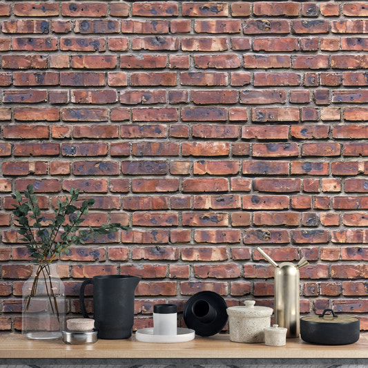 Antique brick texture wall mural wallpaper in rustic red tones.