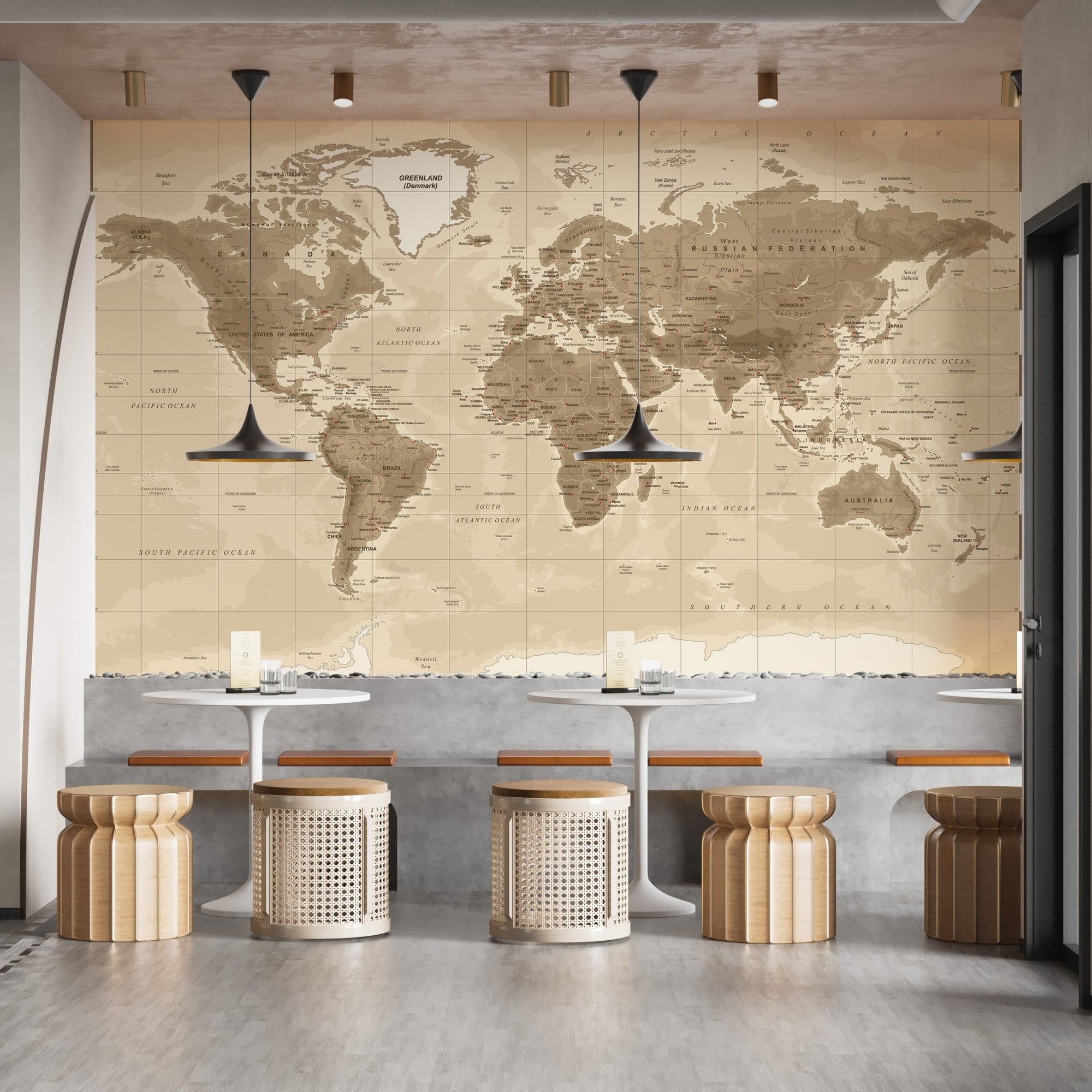 Beige and taupe map wall mural for dining area with old-world style.