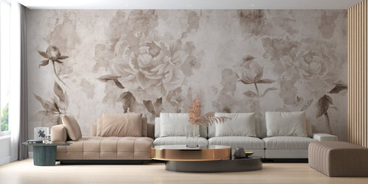 Modern living room with Antique Floral Charm Wall Murals and tan sectional sofa.