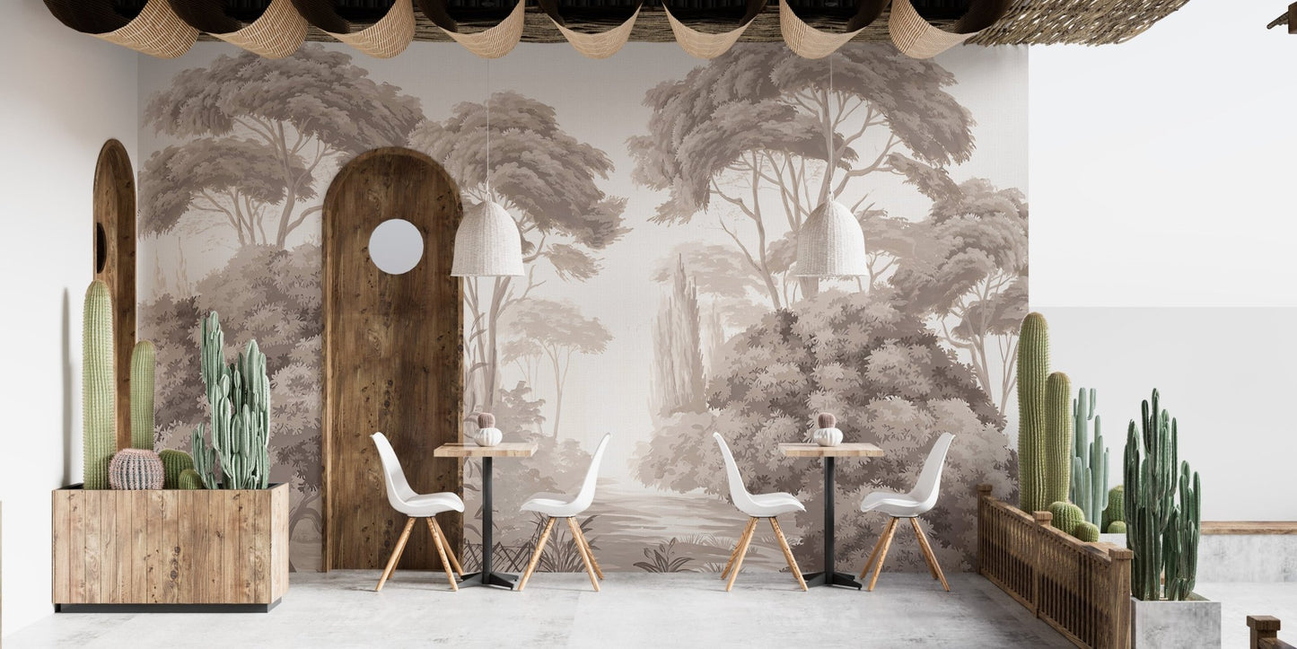 Etched forest wall mural in a commercial cafe space with white furniture.