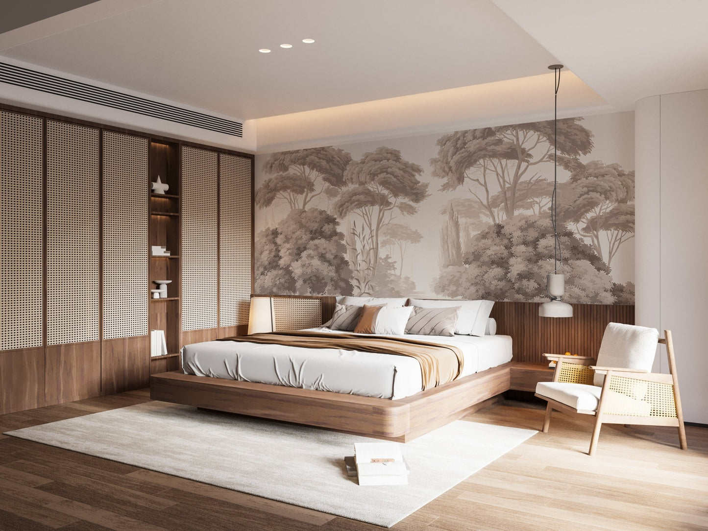 Sepia forest wall mural behind a large bed in a modern bedroom.
