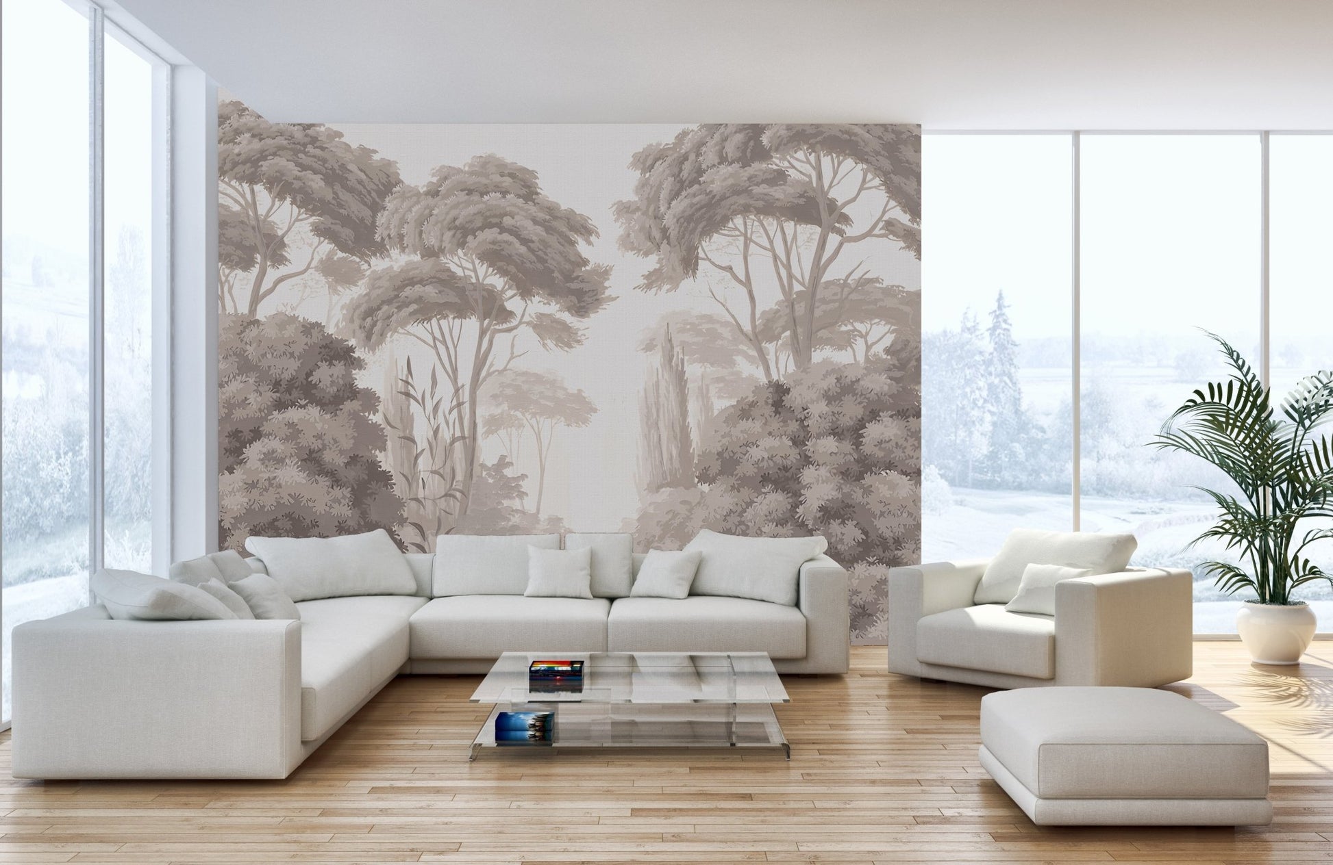 Detailed forest sketch wall mural in a spacious living room with large windows.