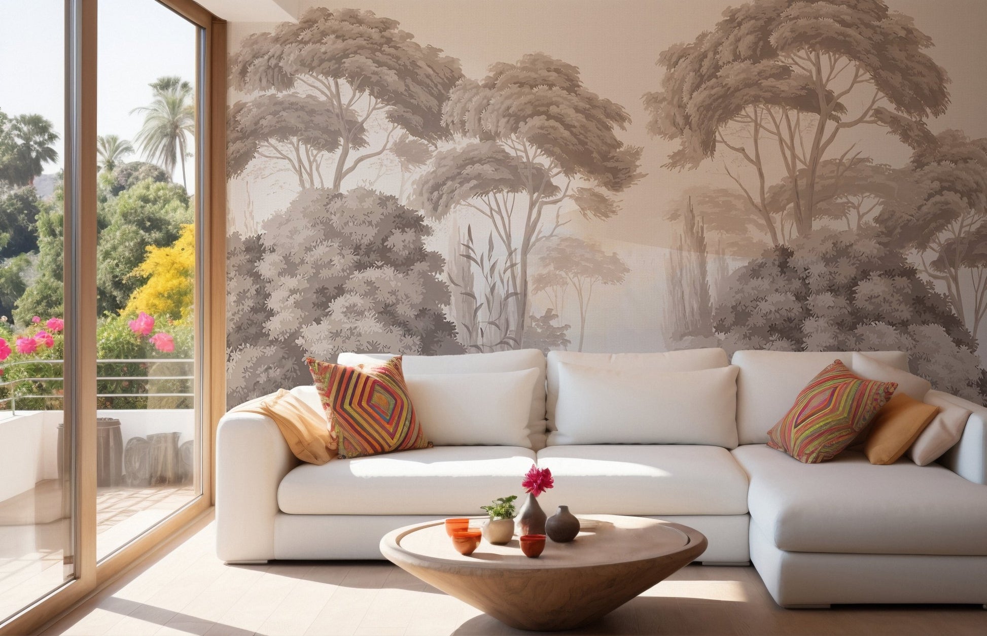 Antique Forest View Wall Art Murals in a living room with a white sectional sofa.