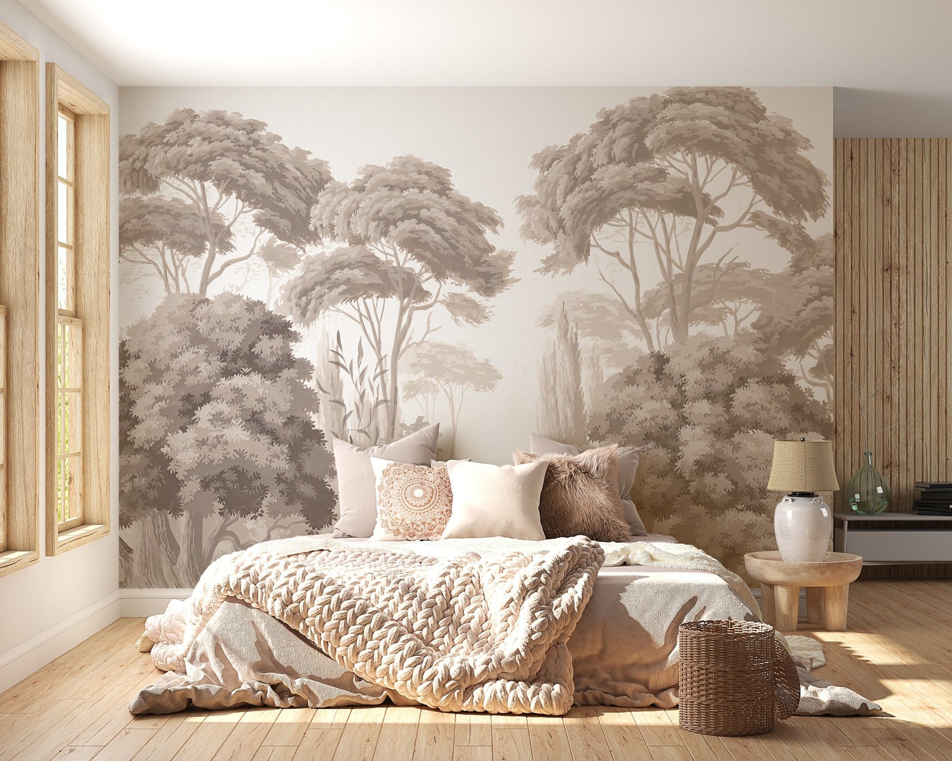 Vintage forest wall mural in a bright bedroom with light linen bedding.