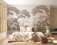 Vintage forest wall mural in a bright bedroom with light linen bedding.