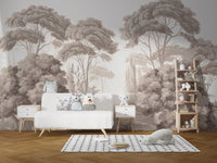 Antique Forest View Wall Art Mural in a playroom with white sofa and grey trees.