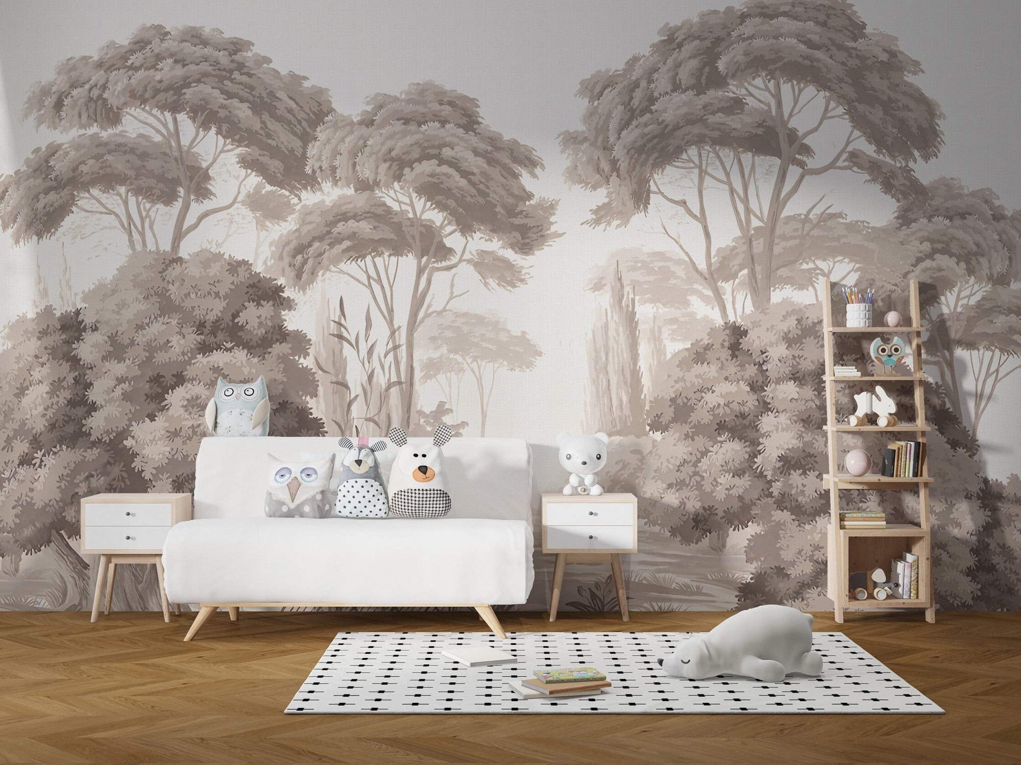 Antique Forest View Wall Art Mural in a playroom with white sofa and grey trees.