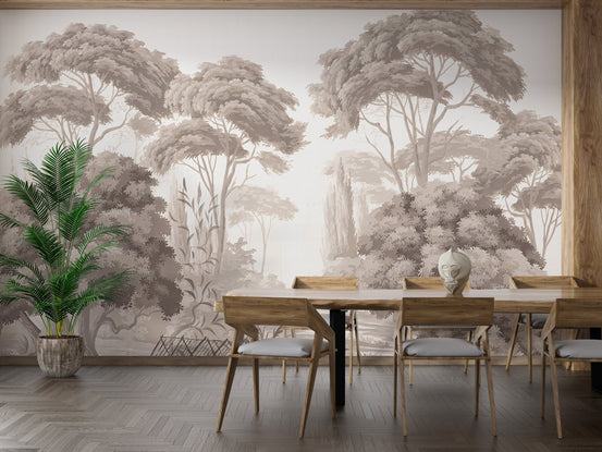 Grey forest wall mural in a dining room with wooden table and chairs.