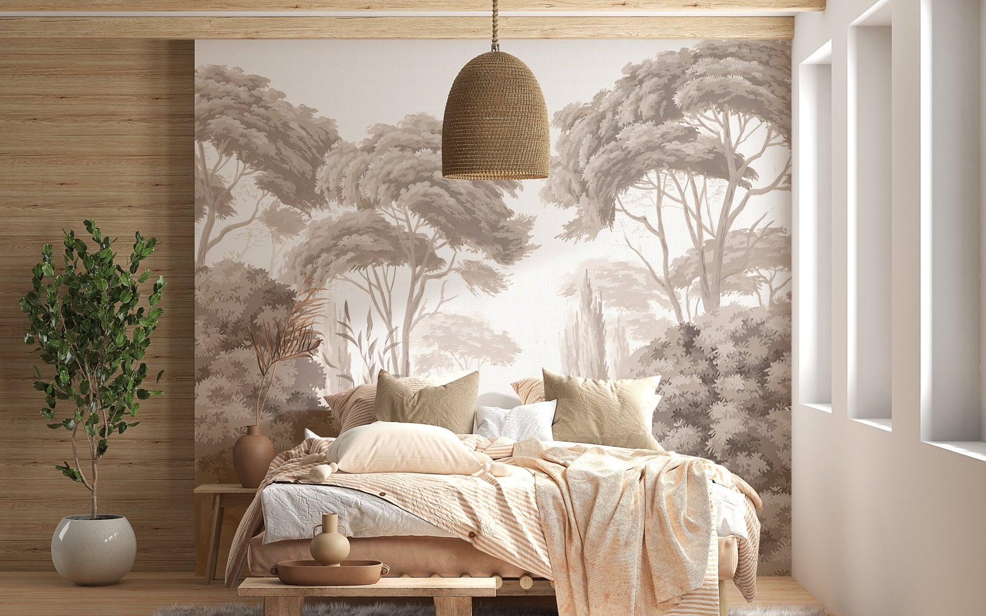 Antique Forest View Wall Art Murals in a minimalist bedroom with wood panelling.
