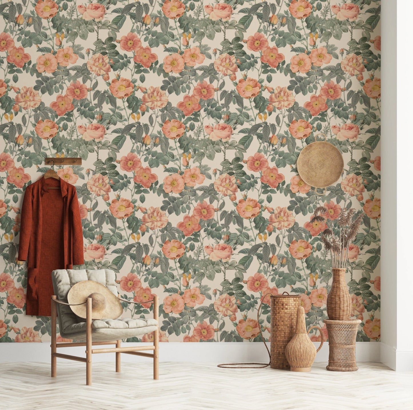 Antique rose floral wallpaper with soft vintage tones