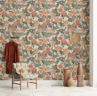 Antique rose floral wallpaper with soft vintage tones