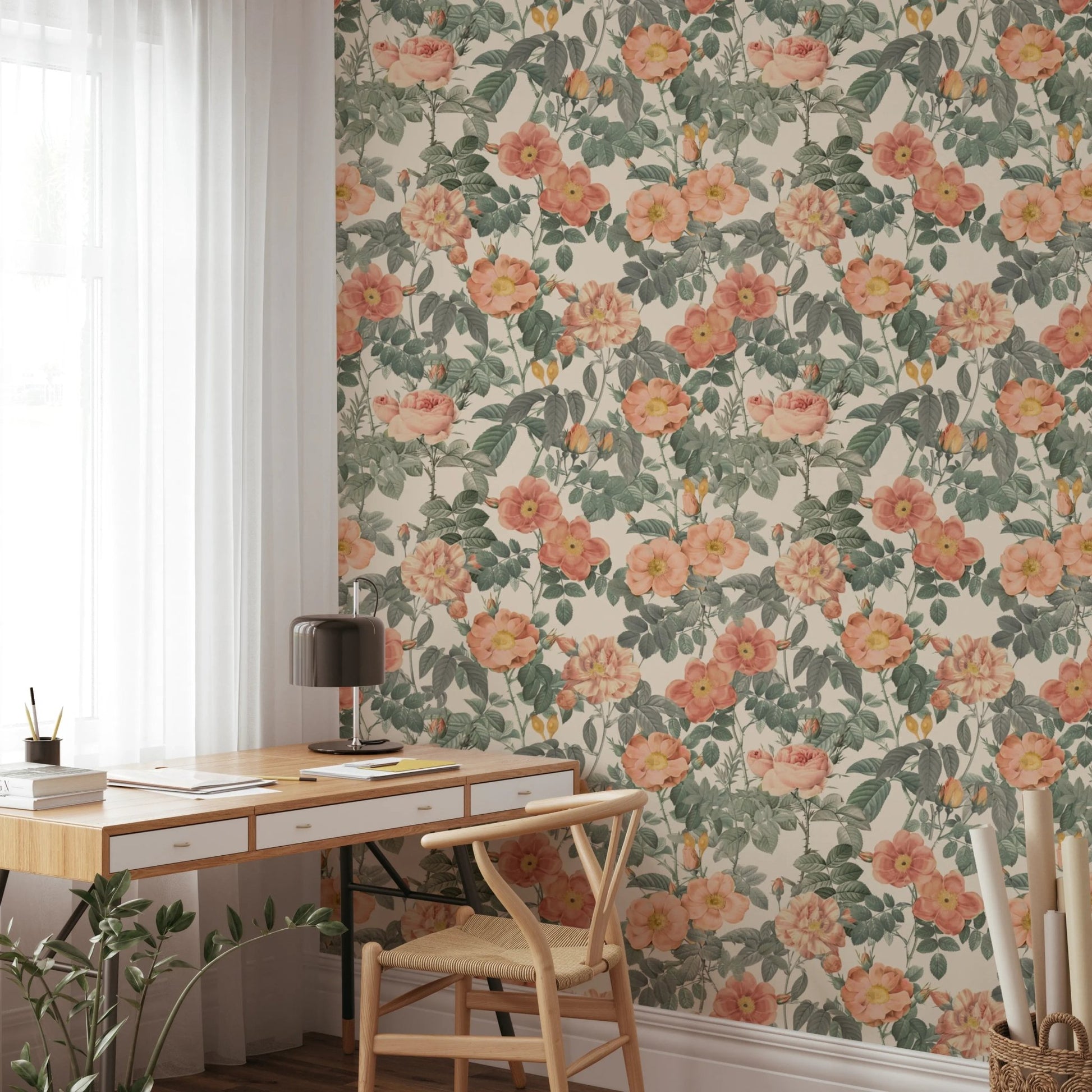 Vintage botanical rose floral wallpaper pattern