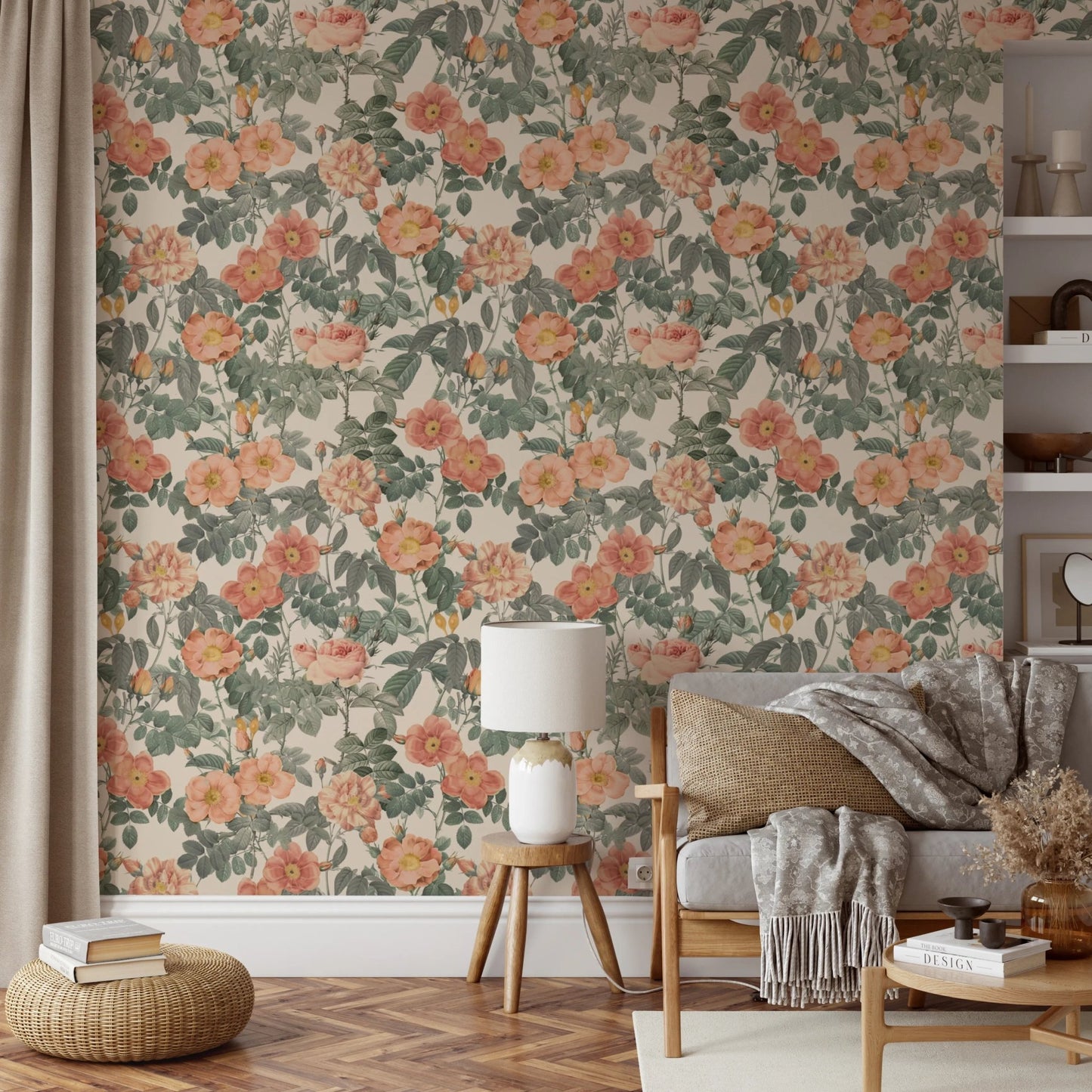 Botanical rose floral wallpaper with antique finish