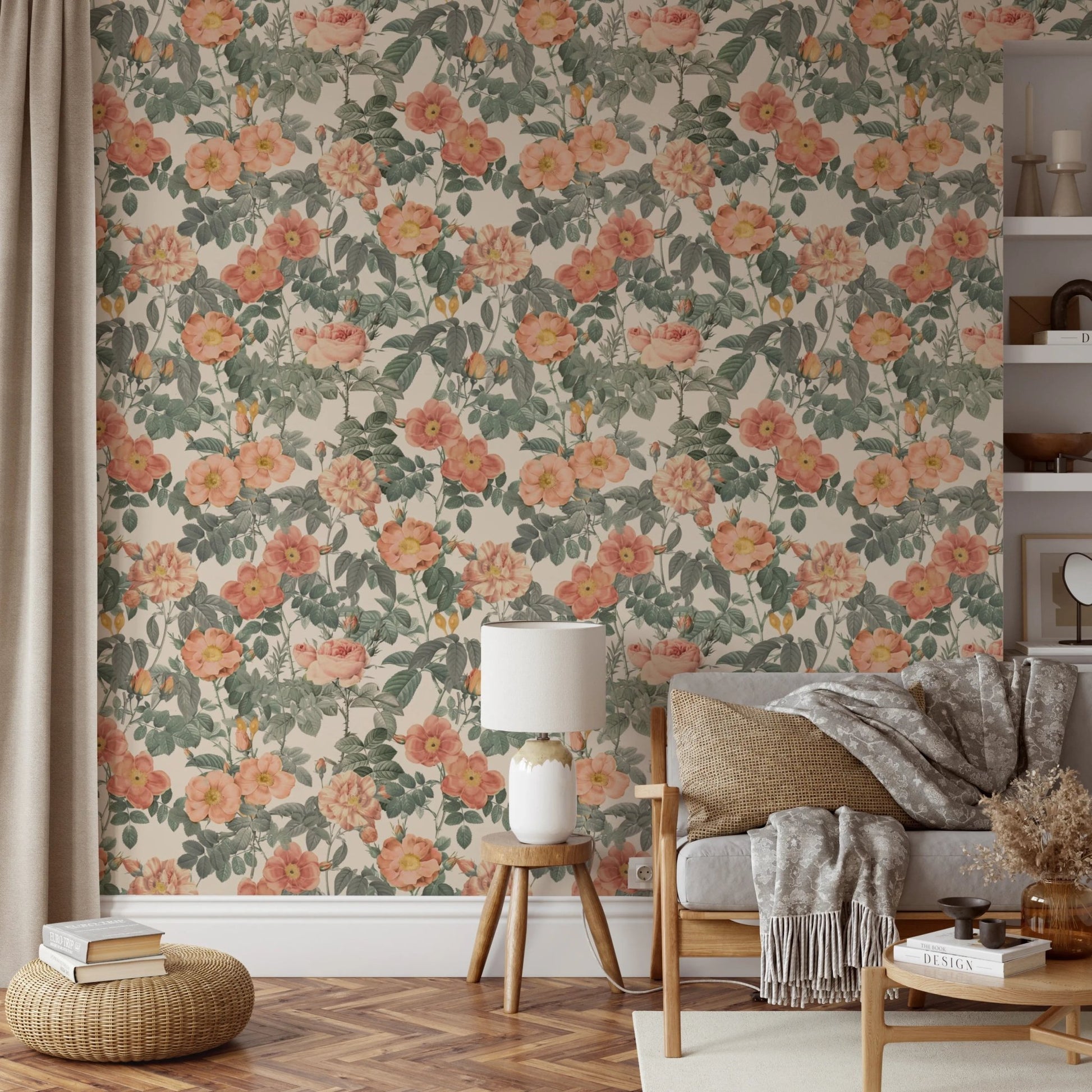 Botanical rose floral wallpaper with antique finish