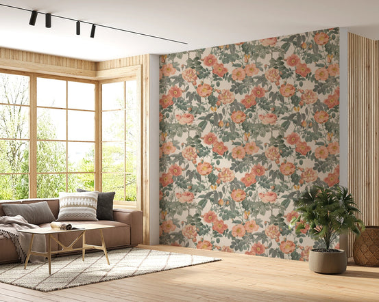 Soft pink rose floral wallpaper for interior walls