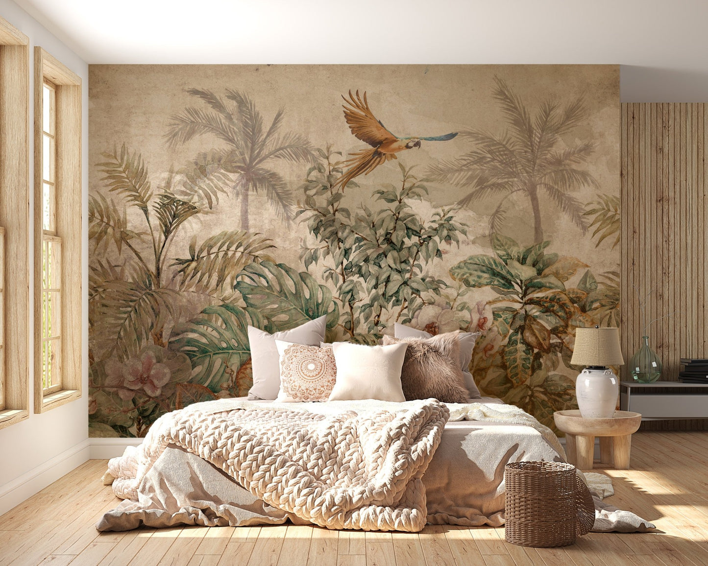 Bedroom featuring sepia tone tropical tree wall mural with neutral bedding.