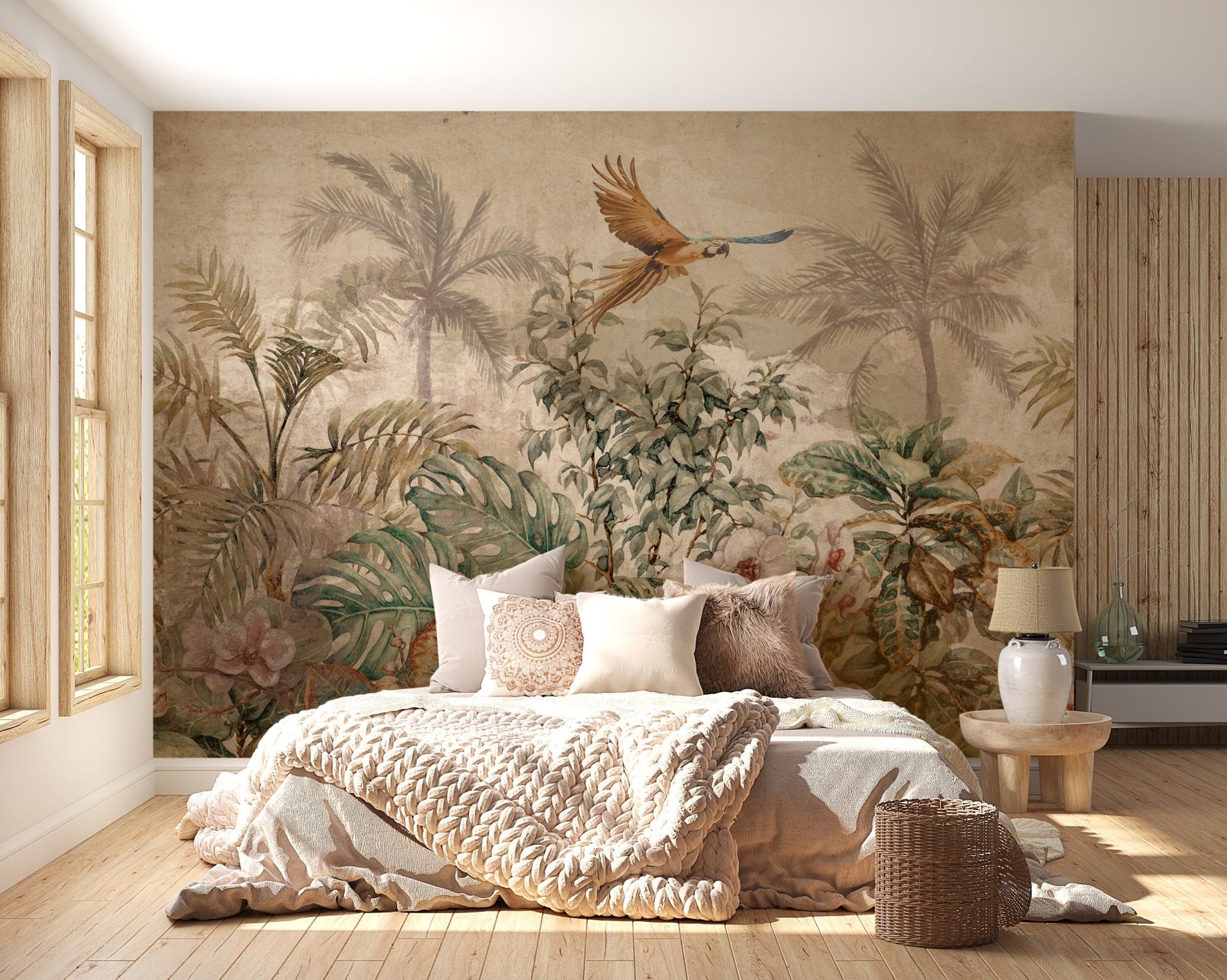 Bedroom featuring sepia tone tropical tree wall mural with neutral bedding.