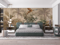 Contemporary suite with large bird and foliage pattern wall mural behind the bed.