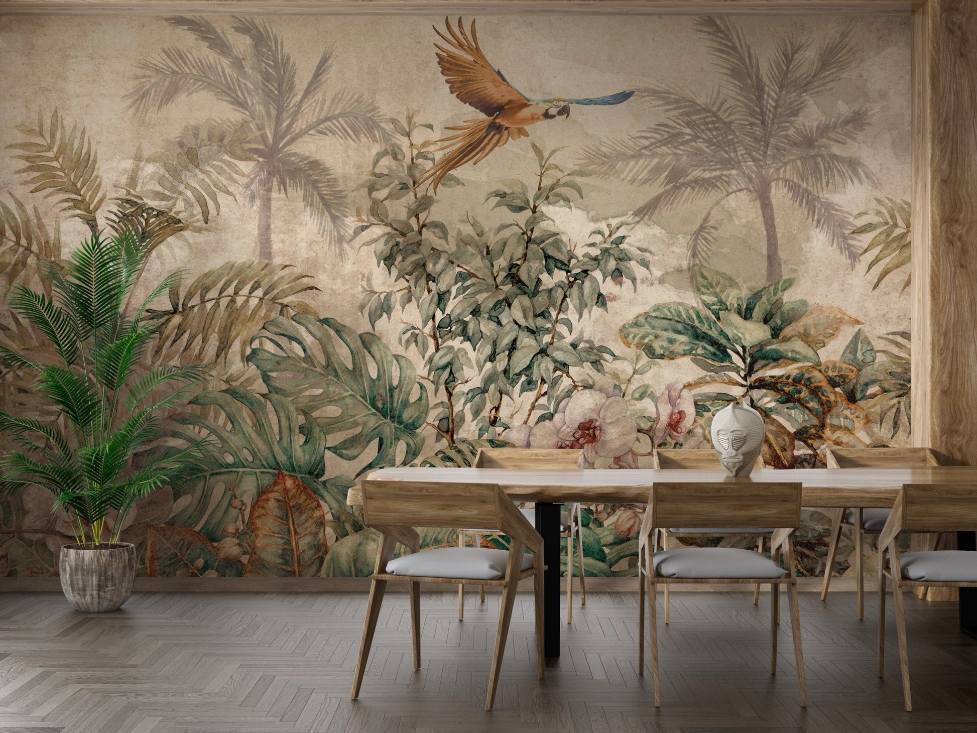 Dining area with wooden chairs and Antique Tropical Foliage Wall Mural.
