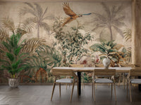 Dining area with wooden chairs and Antique Tropical Foliage Wall Mural.