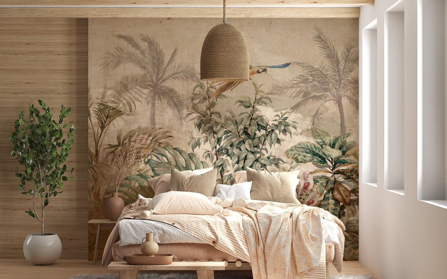 Minimalist bedroom showing antique palm leaf wall mural and grey cushions.