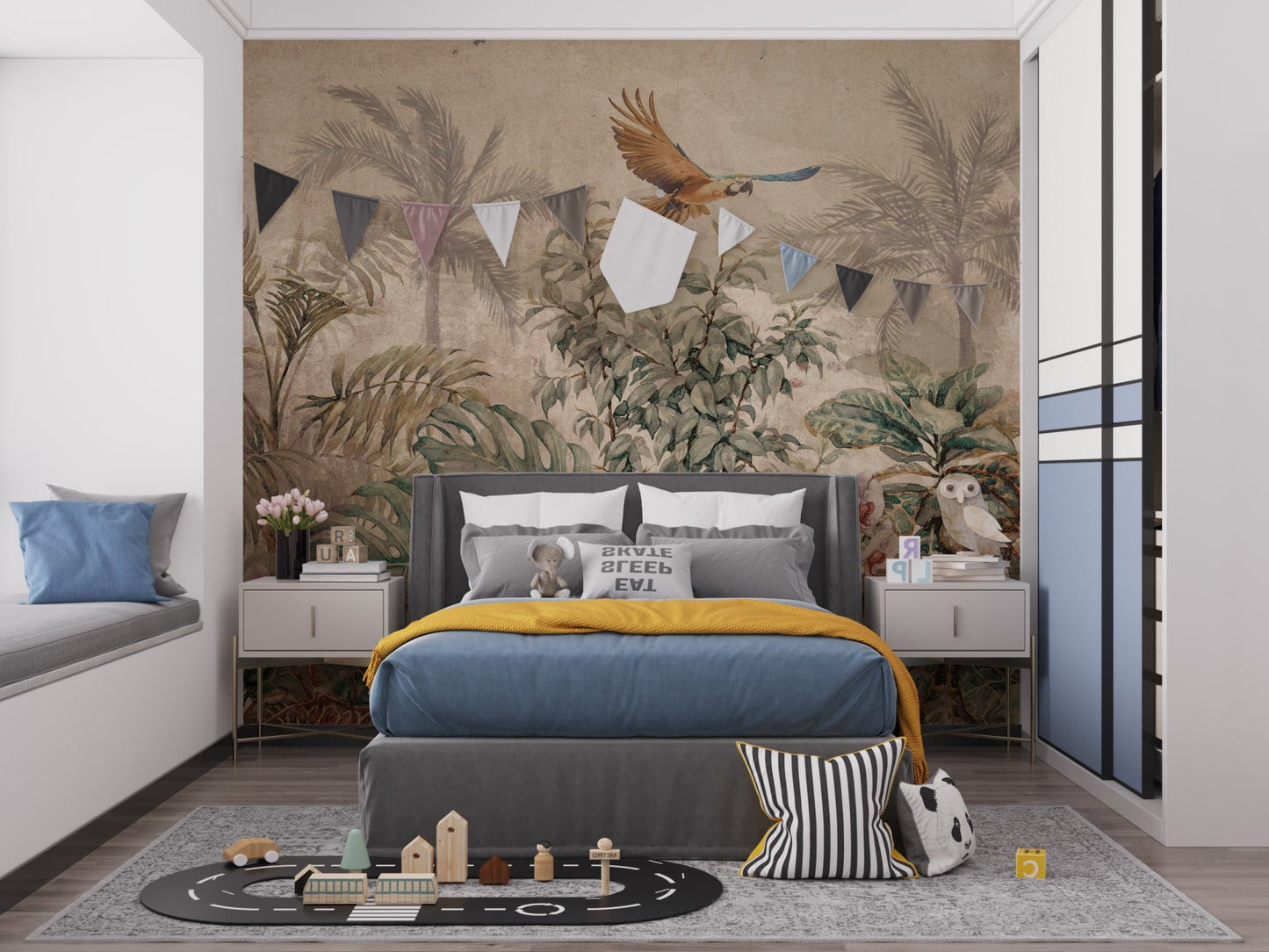 Modern bedroom with Antique Tropical Foliage Wall Mural and blue accent pillows.