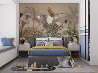Modern bedroom with Antique Tropical Foliage Wall Mural and blue accent pillows.