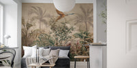 Home office space featuring tropical foliage wall mural and black furniture.