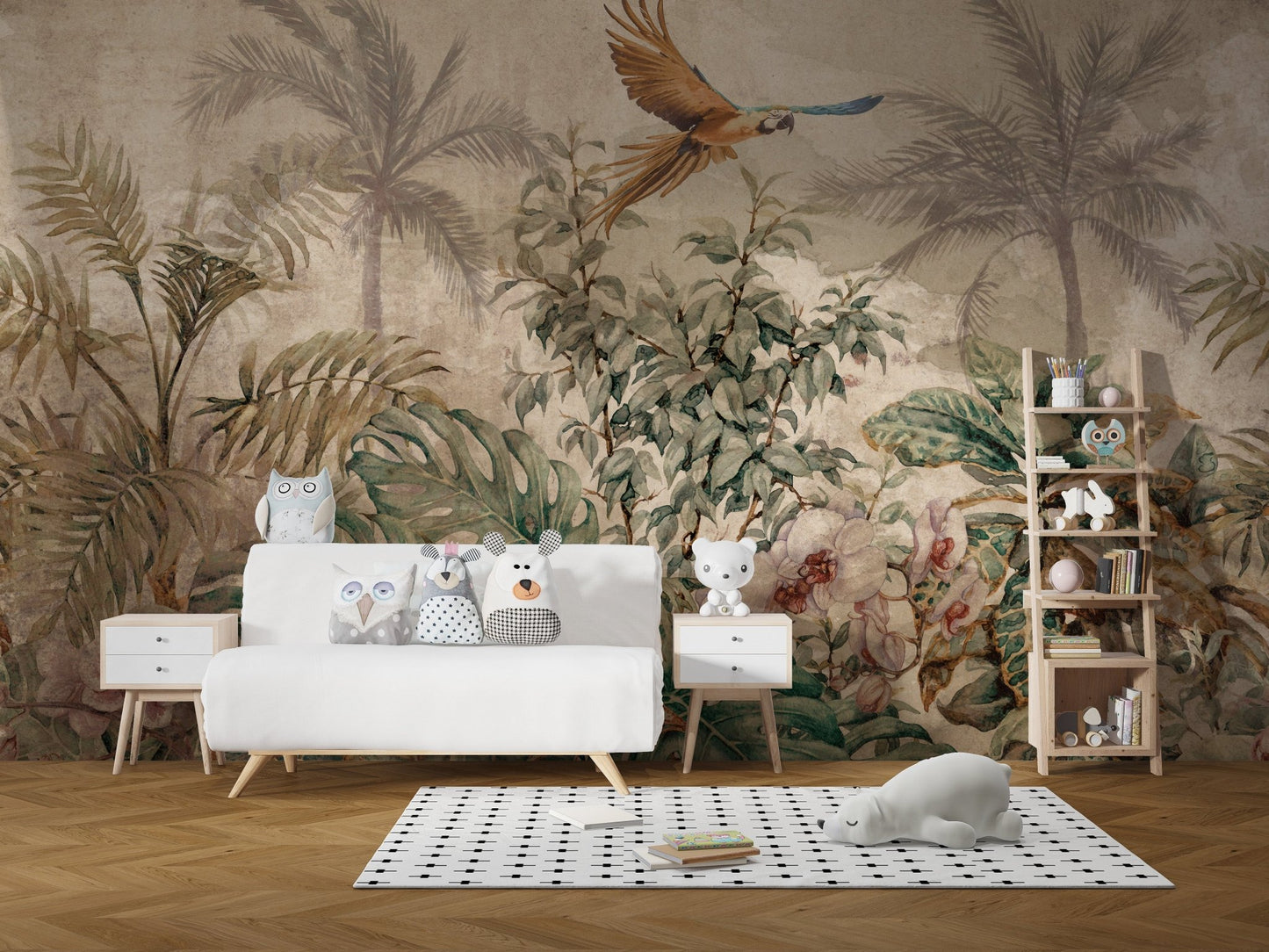 Kids play area with white storage units and botanical foliage wall mural.