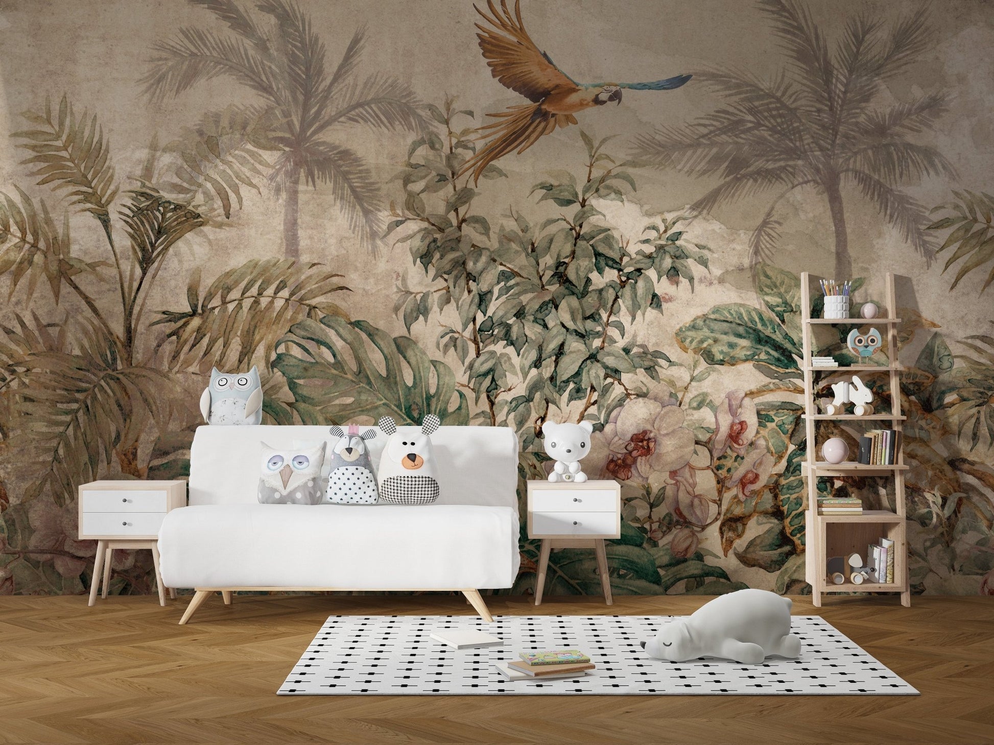 Kids play area with white storage units and botanical foliage wall mural.