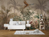 Kids play area with white storage units and botanical foliage wall mural.