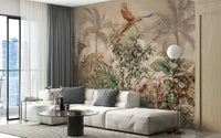Living room with beige Antique Tropical Foliage Wall Murals and white sofa.