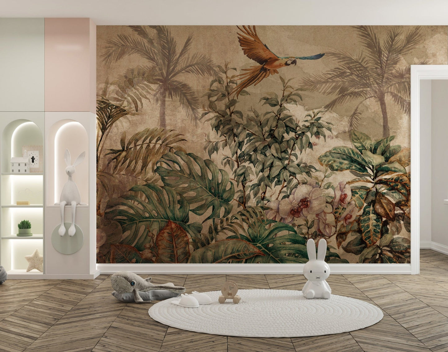 Playroom showing round rug and tropical forest wall mural with bird motifs.