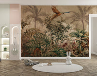 Playroom showing round rug and tropical forest wall mural with bird motifs.