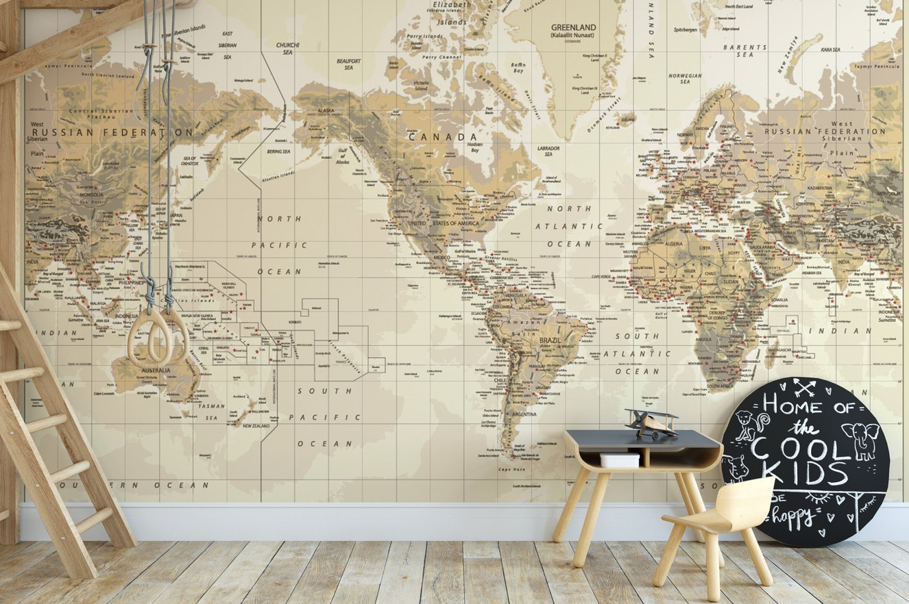 Antique world map mural for walls
