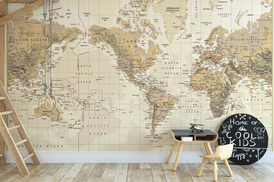 Antique World Map wall mural in a study corner with stool and blackboard