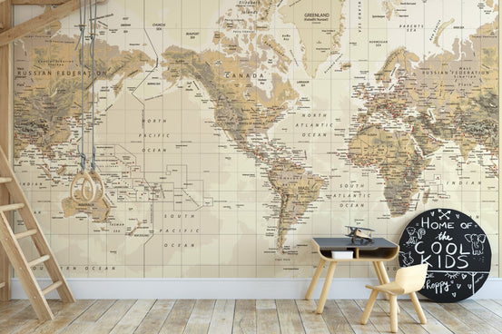 Antique World Map wall mural in a study corner with stool and blackboard