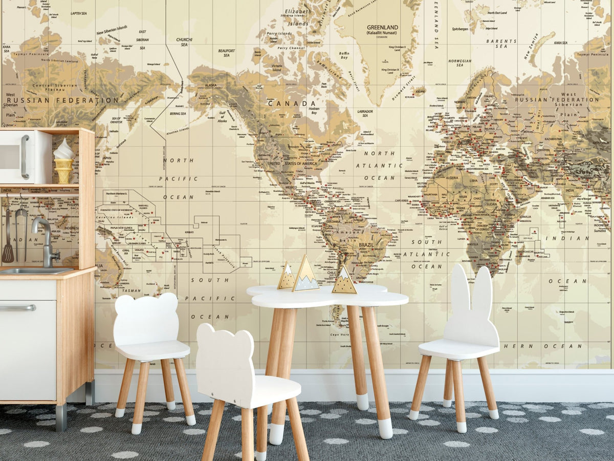 Antique World Map wall mural in a dining area with white chairs and table