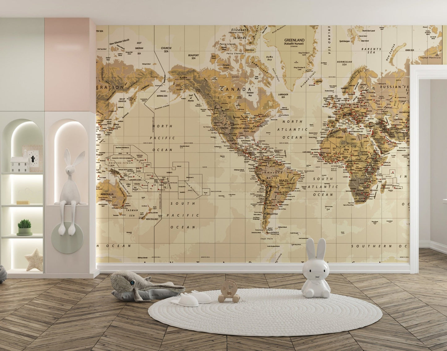 World map mural with aged style
