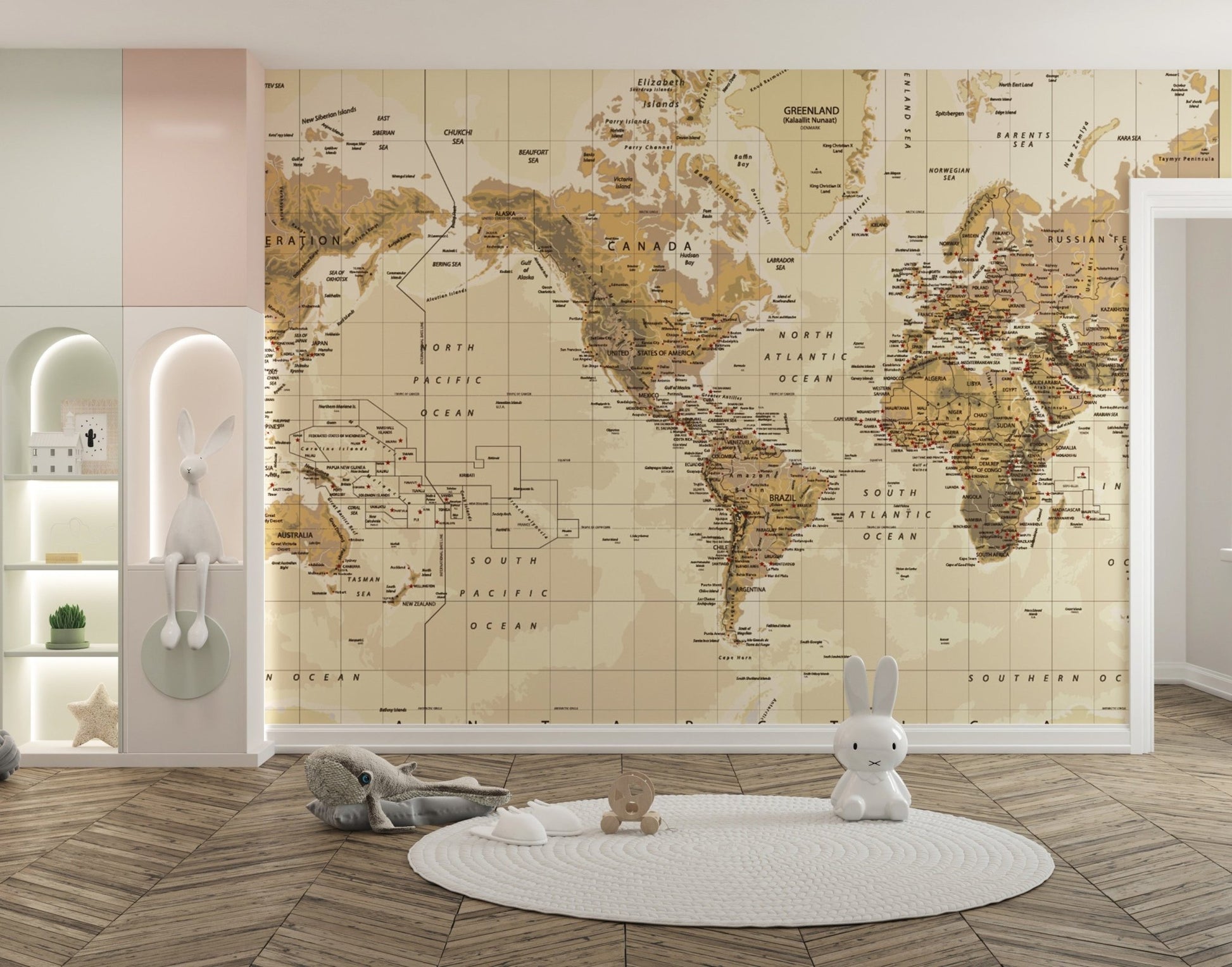 World map mural with aged style
