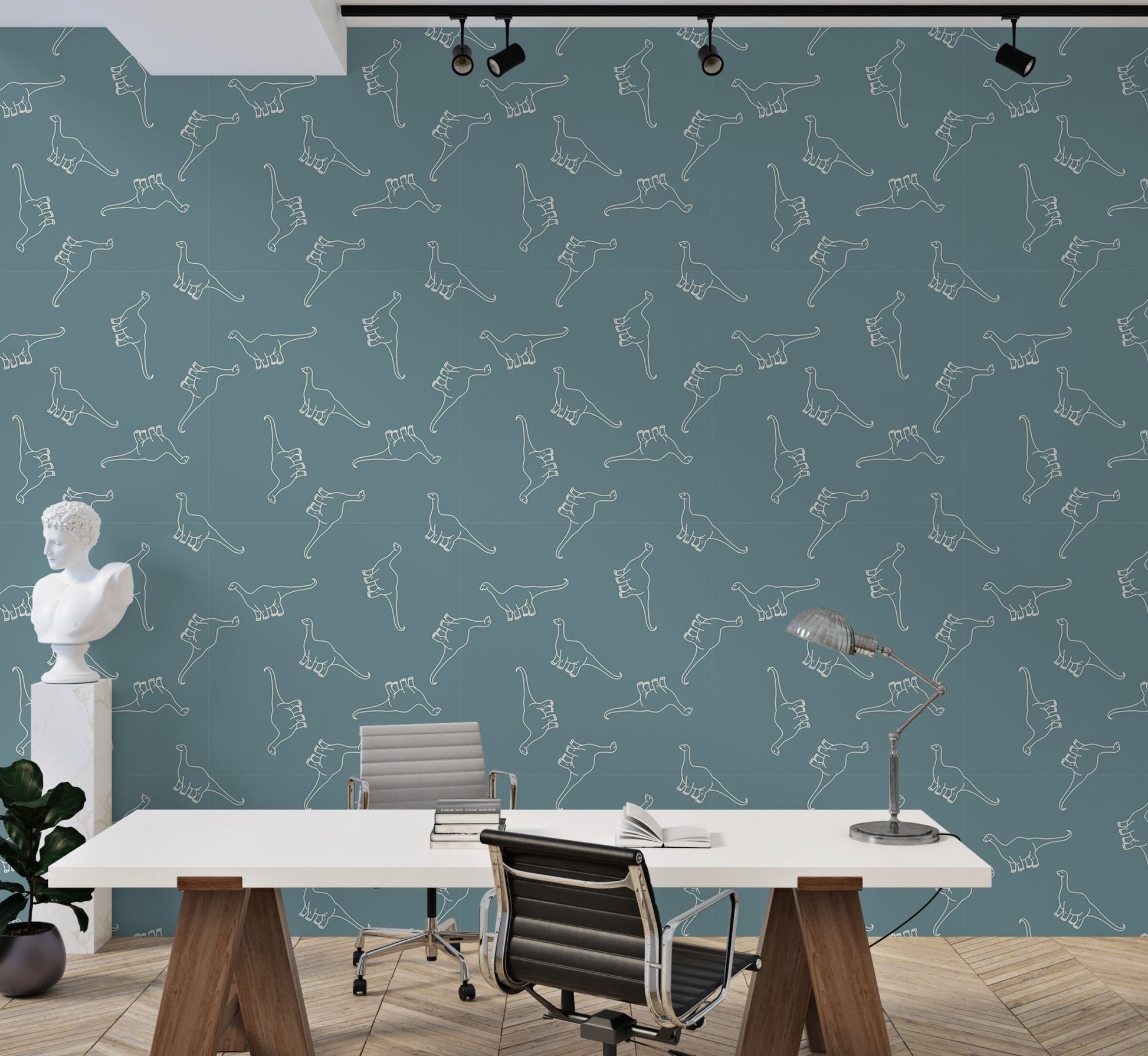 Large office wallpaper with white dinosaur outlines on a teal blue background.