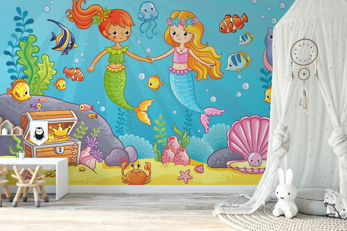 Aqua Alliance Mermaid Best Friend wall mural in a nursery with a white canopy.