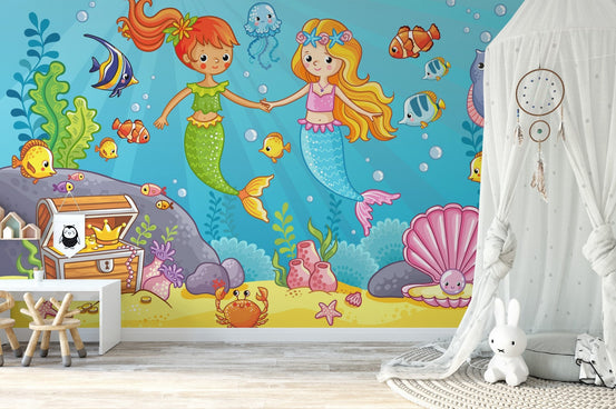Aqua Alliance Mermaid Best Friend wall mural in a nursery with a white canopy.