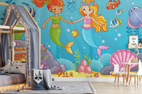 Kids' bedroom with a grey rug and illustrated mermaid mural on the wall.