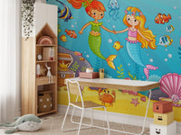 Mermaid best friend wall mural behind a white study desk and wooden chair.