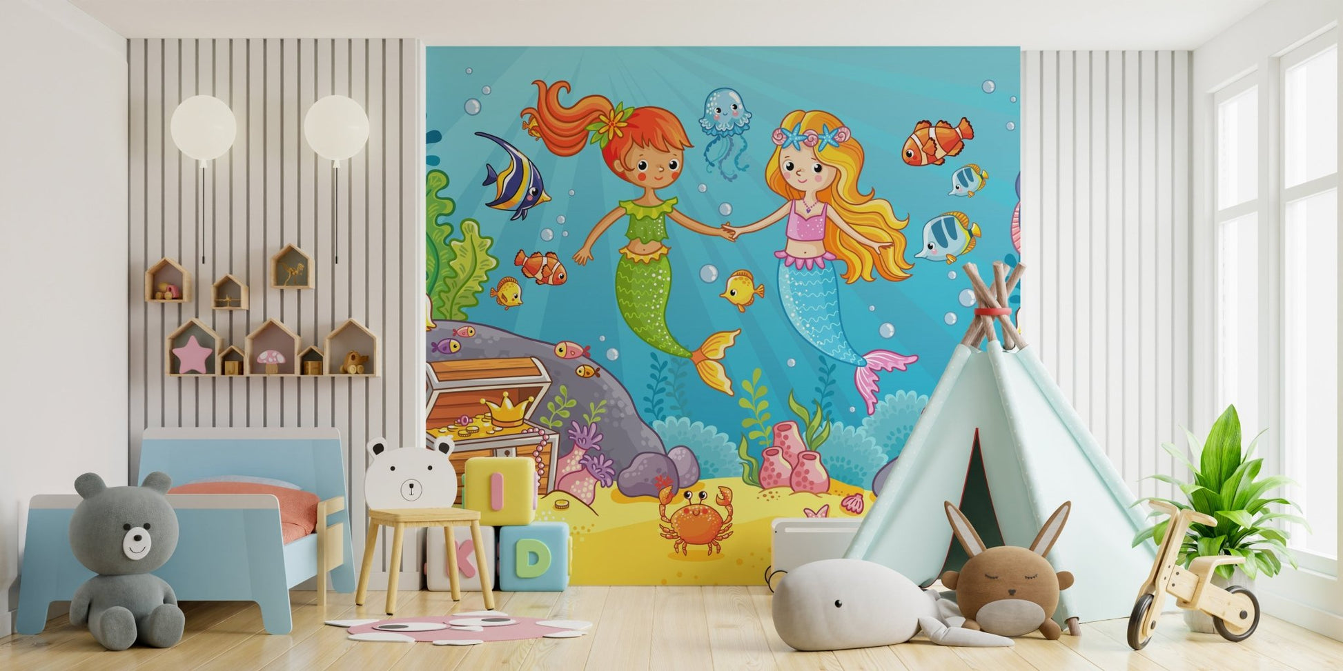 Blue underwater mermaid themed wall mural behind a play tent in a kids' bedroom.