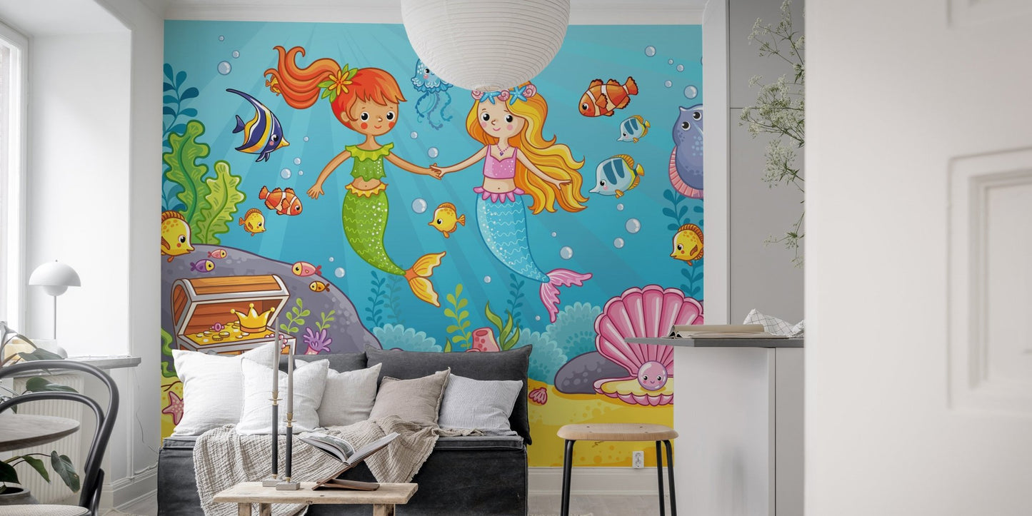 Detailed ocean mermaid wall mural with crabs and sea stars for a feature wall.
