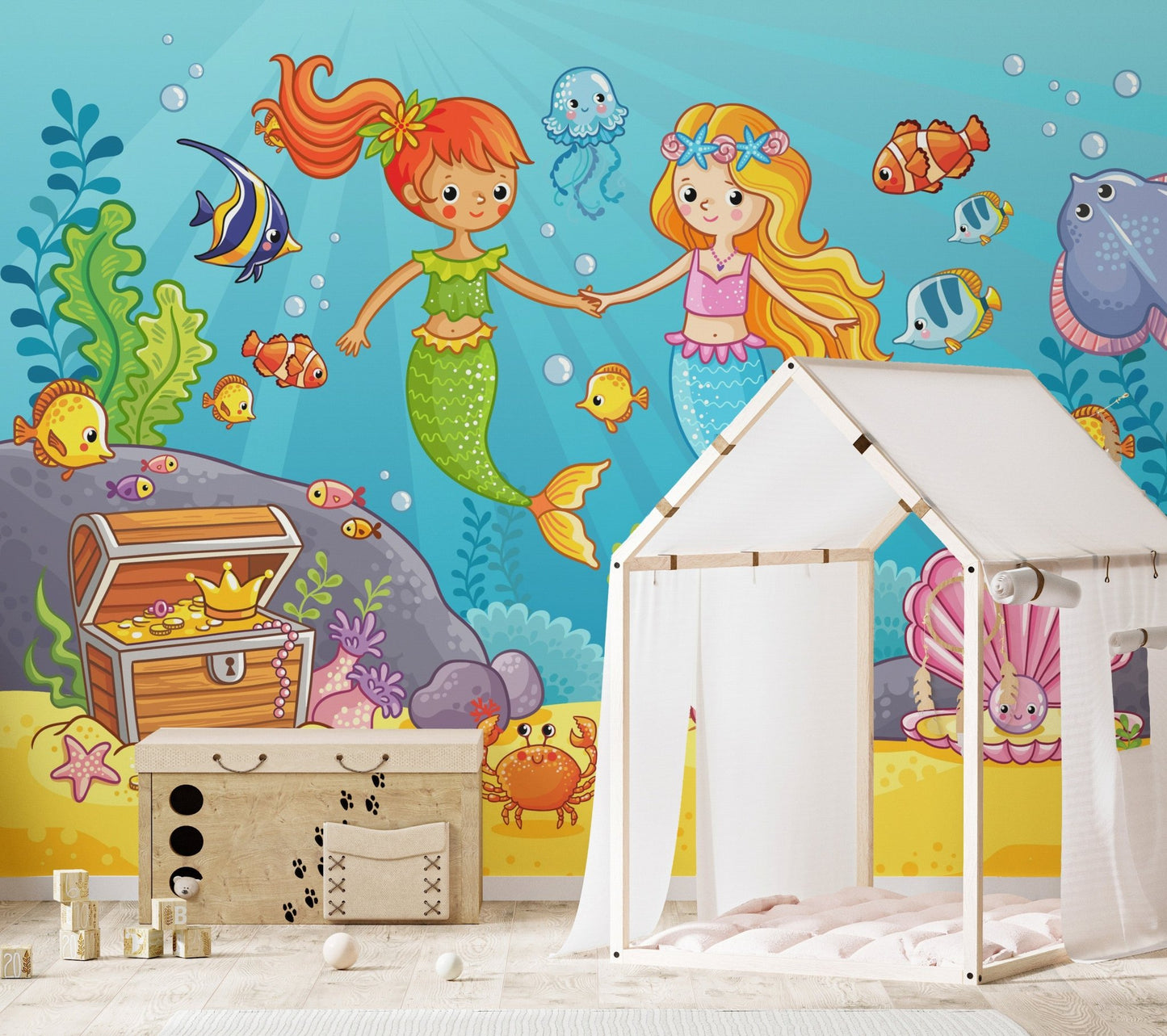 Aqua Alliance Mermaid Best Friend wall mural next to a white house-shaped bed frame.